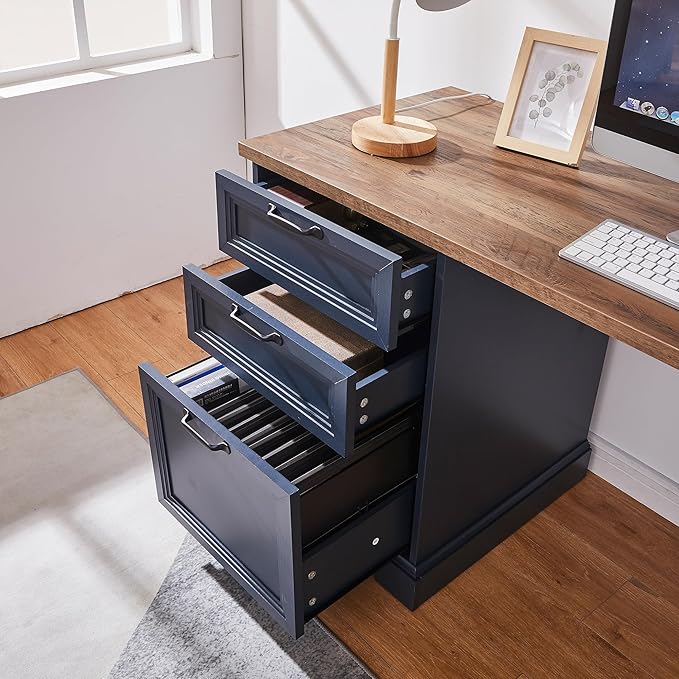 60" L-Shaped Executive Desk with 40" File Cabinet,Farmhouse Home Office Desk with Charging Station,Wood Computer Desk Set for Office Work,Home Study (Blue)