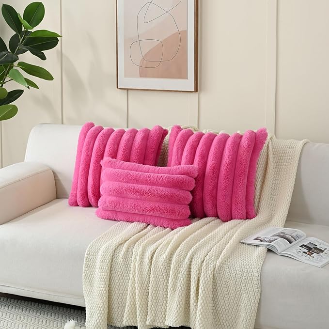 FUTEI Hot Pink Decorative Throw Pillow Covers 20x20 Inch Set of 2, Square Soft Faux Rabbit Fur Thick Striped Cushion Cover,Winter Home Decor for Couch Bed Living Room
