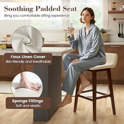 COSTWAY Wooden Bar Stools Set of 4, 29-inch Height Upholstered Padded Seat, Low Backrest, Footrest, Rubber Wood Legs, Armless Bar Chairs for Kitchen Counter Island, Dining Room, Brown+Beige