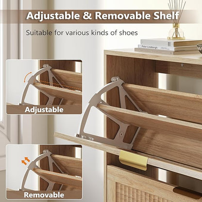 Shoe Cabinet for Entryway with 4 Flip Drawers, Slim Wooden Shoe Storage Organizer with Modern Fluted Pannel，Freestanding Narrow Hidden Shoe Rack for Hallway, Foyer, Living Room