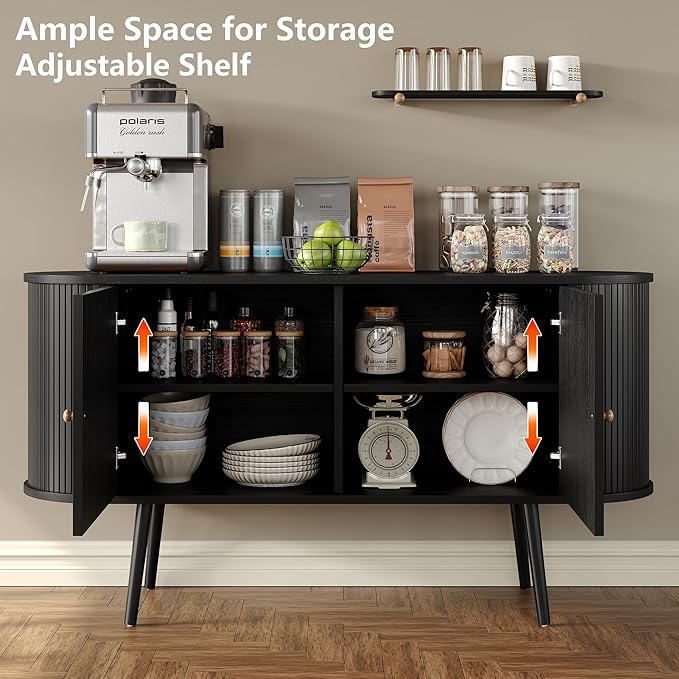 Furniouse 54.4''W Buffet Cabinet with Storage Fluted Sideboard Cabinet with Doors & 4 Shelf Storage for Living Room, Hallway, Kitchen, Black