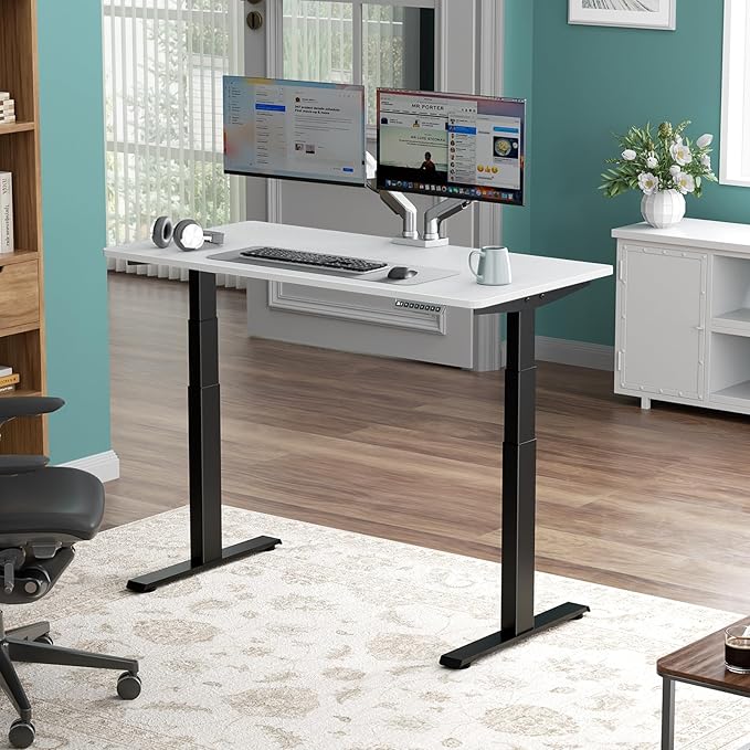 3 Stages Dual Motor Electric Standing Desk with One Piece Desktop, 48 x 24 Inch Adjustable Height Sit to Stand Up Desk for Home Office, Work & Study, Black Frame & Brown Desktop (2 Packages)