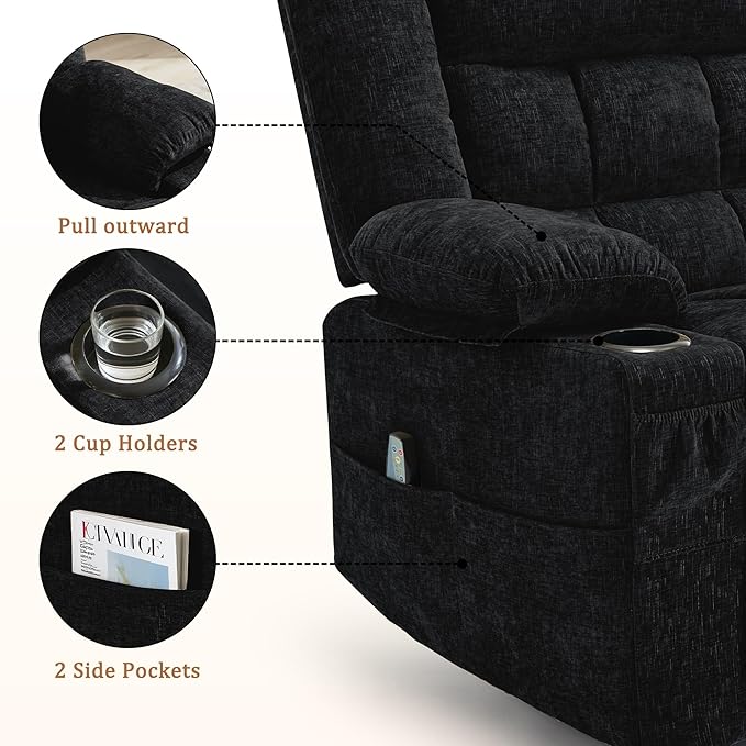 360° Rotating Adult Rocking Recliner, Baby Room Glider with Massage and Heating Functions, Rocking Chair with Cup Holder, Manual Recliner for Living and Bedroom (Fabric, Black)