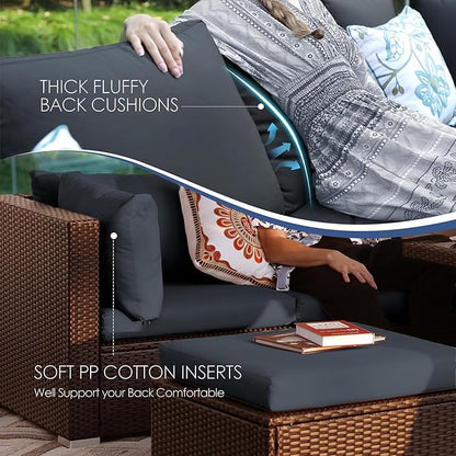 NICESOUL 8 Seater Modern Backyard Furniture Set, 29.3'' High Back Luxury Comfy Brown Wicker Patio Conversation Set with Ottoman, Deep and Wide Sofa Sectional for Exteriors, Dark Brown & Grey
