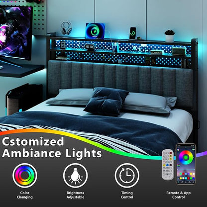 VINGLI Queen Size Headboard Only, Adjustable Upholstered Headboard with 3 Tier Shelves and Pegboard with Charging Stations and LED Lights, Modern Bed Headboard with Storage for Bedroom Decor