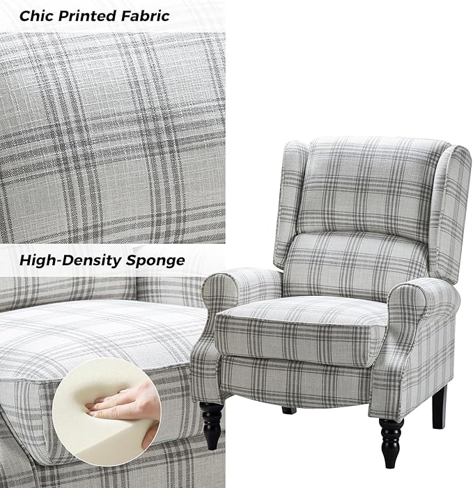 HULALA HOME Upholstered Wingback Recliner Chair Set of 2, Small Adjustable Footrest Push Back Single Reclining Sofa, Mid Century Modern Lounge Armchair for Living Room, Bedroom, Reading/Plaid Grey