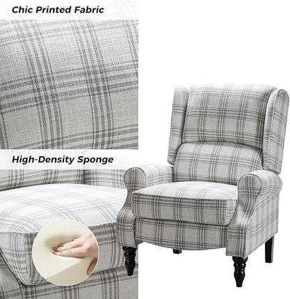 HULALA HOME Upholstered Wingback Recliner Chair Set of 2, Small Adjustable Footrest Push Back Single Reclining Sofa, Mid Century Modern Lounge Armchair for Living Room, Bedroom, Reading/Plaid Grey