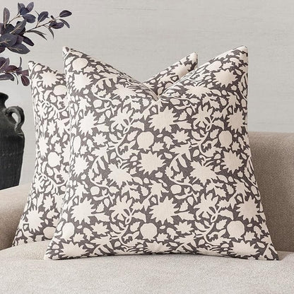 Foindtower Set of 2 Decorative Neutral Floral Throw Pillow Covers Accent Farmhouse Cushion Covers Boho Vintage Pillowcase for Couch Sofa Bedroom Living Room Home Decor,22×22 Inch,Rustic Gray