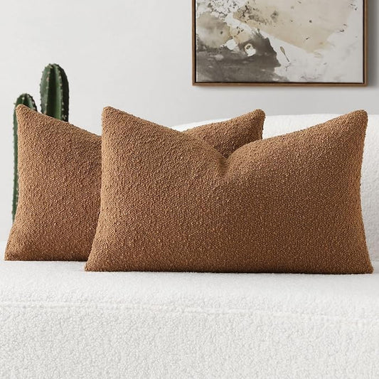 FUTEI Pack of 2 Tobacco Decorative Throw Pillow Covers 12x20 Inch Soft Cozy Solid Boucle Textured Lumbar Pillow Cases,Modern Home Decor for Couch Bed Living Room