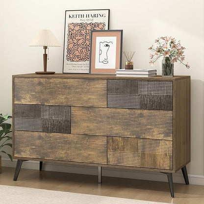 Hadulcet Fluted 6 Drawer Dresser for Bedroom, Modern Chest of Drawers with Push to Open Storage Organizer for Closet, 47” Handleless Wood Dresser TV Stand for Living Room, Entryway Nursery, Dark Wood