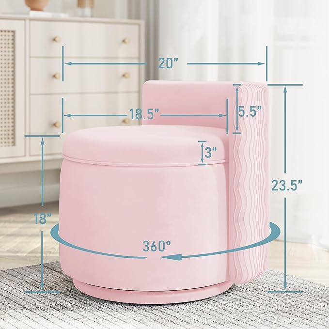 360° Swivel Accent Chair with Storage, Vanity Stool with Back, Velvet Storage Ottoman, Upholstered Round Barrel Vanity Chair for Living Room, Makeup Room, Bedroom (Pink)