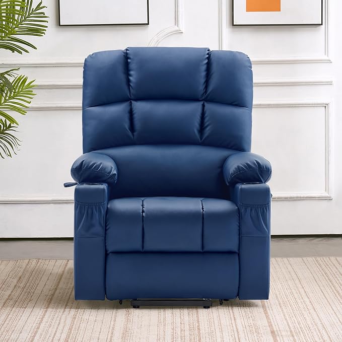 MCombo Medium Lay Flat Dual Motor Power Lift Recliner Chair Sofa with Massage and Heat for Elderly People, Infinite Position, Faux Leather 7679 (Navy Blue, Medium)
