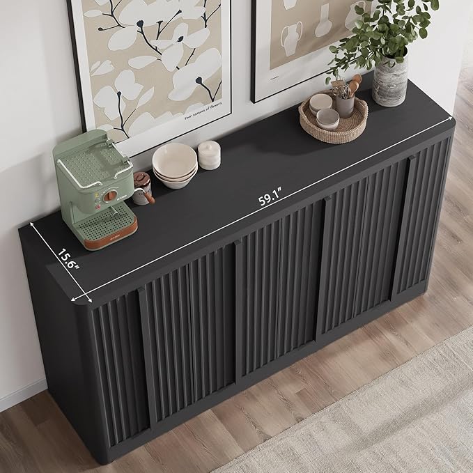 Fluted Buffet Cabinet with Storage, 60" Sideboard Buffet Cabinet with 4 Door, Modern Credenza Storage Cabinets with Adjustable Shelves, Solid Wood Handles for Kitchen, Dining, Living Room, Black(1PC)