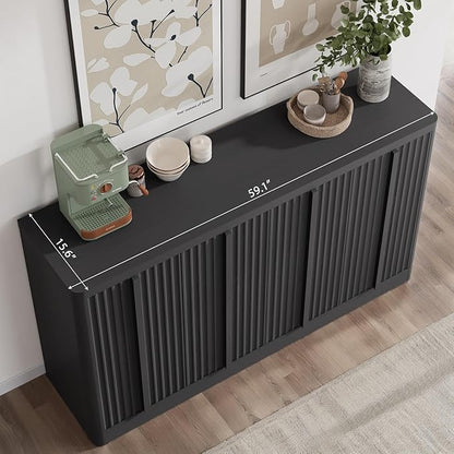 Fluted Buffet Cabinet with Storage, 60" Sideboard Buffet Cabinet with 4 Door, Modern Credenza Storage Cabinets with Adjustable Shelves, Solid Wood Handles for Kitchen, Dining, Living Room, Black(1PC)