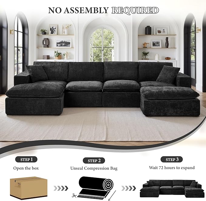 108" Sectional Couches for Living Room Boneless Couch Upholstered Cloud Couch Sectional Modular Sectional Sofa with L Shaped (Chenille-Black, 4 Seat+2 Ottoman)