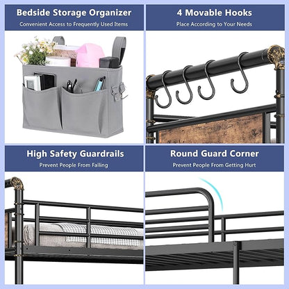 Metal Bunk Bed Twin Over Twin, Industrial Bunkbeds Heavy Duty Bed with Safety Guard Rails and Space-Saving Design, Steel Bed for School, Bedroom (Vintage Brown)