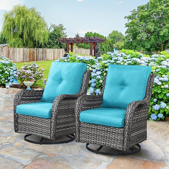 HUMMUH 3-Piece Swivel Rocking Rattan Chair Outdoor, Patio Bistro Furniture Conversation Set, Cushioned Wicker Chair with Glass Coffee Table(Grey,Blue)