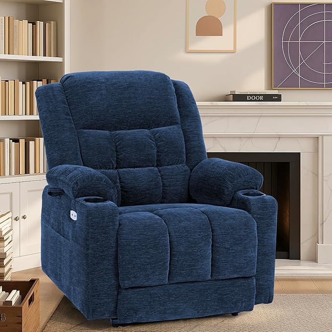 EONIX Dual Motor Lay Flat Power Lift Recliner Chair for Elderly, Electric Recliner Lift Chair for Adults with Cup Holders, 400lbs Heavy Duty Power Lift Sofa with Heat and Massage, Navy Blue