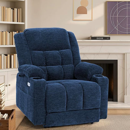 EONIX Dual Motor Lay Flat Power Lift Recliner Chair for Elderly, Electric Recliner Lift Chair for Adults with Cup Holders, 400lbs Heavy Duty Power Lift Sofa with Heat and Massage, Navy Blue