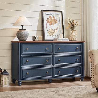 6 Drawers Dresser for Bedroom, Farmhouse 54" Wide Wood Dressers Chest of Drawers, Vintage Design TV Stand, Rustic Storage Dresser Organizer with Metal Handle Closet for Living Room, Hallway