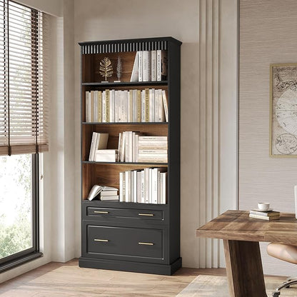 LITTLE TREE 72" Tall Black Bookcase, 5-Tier Office Bookself with File Cabinet Drawers,Modern Floor Standing Storage Filing Cabinet Book Shelf for Living Room,Bedroom(2 Piece,Black)
