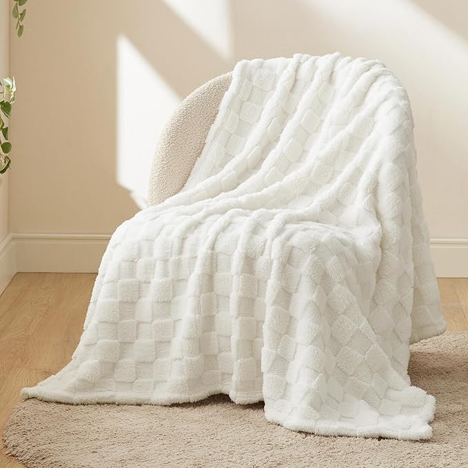 Bedsure GentleSoft White Throw Blanket for Couch - Checkered Fleece Blankets Gifts for Women Men Girls, Cute Soft Cozy Throw for Bedroom Home Decor Gifts, 50x60 Inches