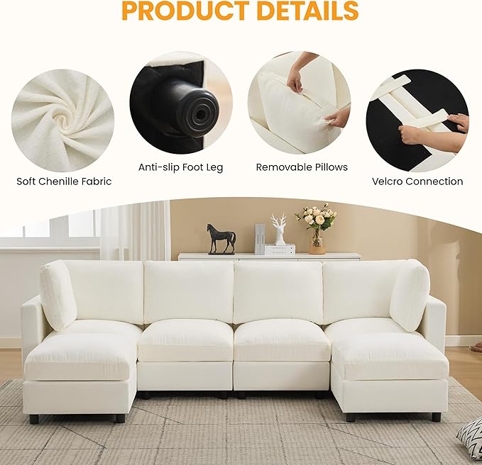 4-Seater Modular Sectional Cloud Sofa with Ottoman, Convertible L-Shaped Couch for Living Room, Modern Deep Seat Modular Sofa, Chenille Beige