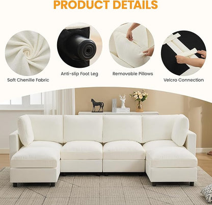 4-Seater Modular Sectional Cloud Sofa with Ottoman, Convertible L-Shaped Couch for Living Room, Modern Deep Seat Modular Sofa, Chenille Beige
