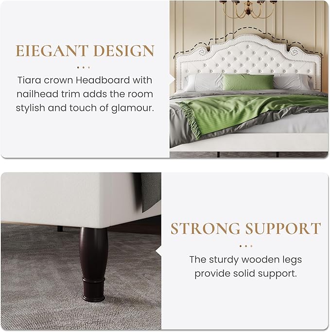 SHA CERLIN King Size Bed Frame with Adjustable Headboard/Velvet Upholstered/Diamond Button Tufted and Metal Studs/No Box Spring Needed/Sturdy Wood Slat Support/Easy Assembly/White