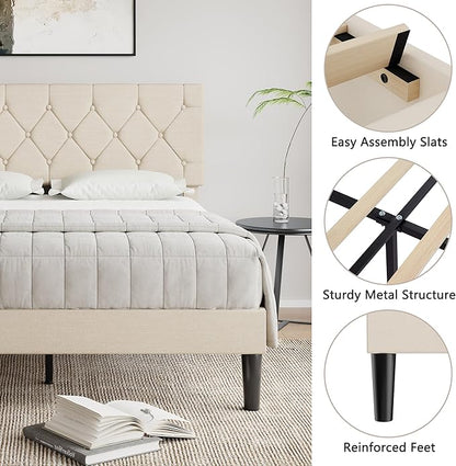 VECELO Queen Bed Frame with Button Tufted Headboard, Upholstered Platform with Wooden Slat Support, No Box Spring Needed, Cream Beige