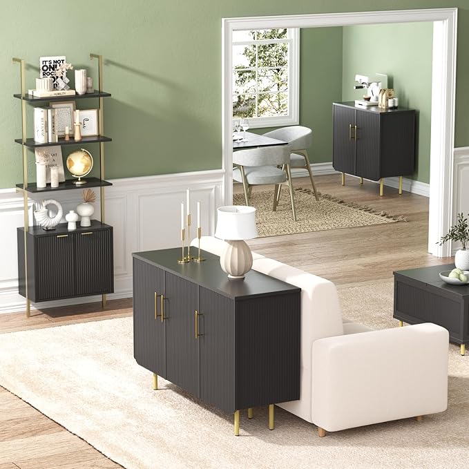 Set of 2 Fluted Black Storage Cabinets, Modern 3-Door Sideboard Buffet Cabinet with Adjustable Shelves and Metal Legs, Accent Cabinet for Kitchen, Living Room, Entryway (Black & Gold)