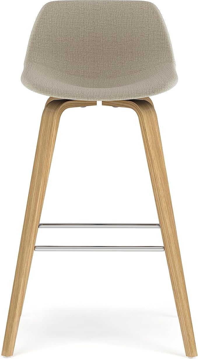 SIMPLIHOME Randolph Counter Stools (Set of 2) - 28 Inch Seat Height Upholstered Bentwood Kitchen Seats in Natural Polyester Linen Fabric, Mid Century Modern Seating with Curved Backrest and Footrest