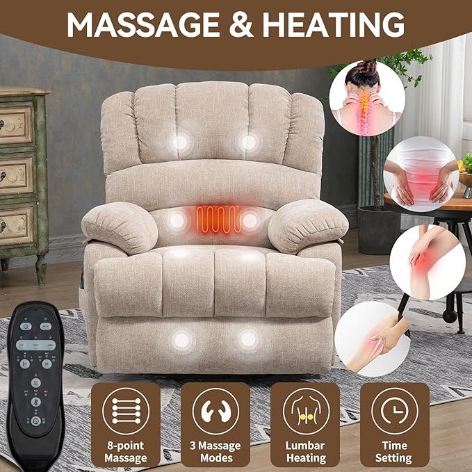 Power Lift Recliner Chair for Elderly with Heat Function, 8 Node Massage with 3 Modes, Silent Operation, Oversized Electric Lift Recliner Single Sofa for Living Room with USB Charging, Beige