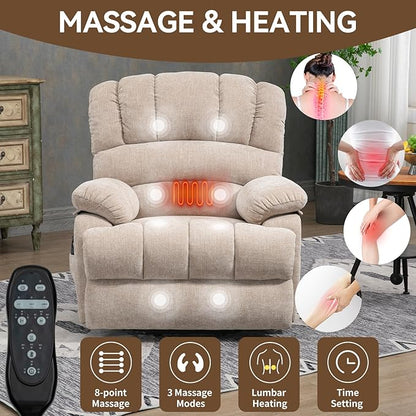 Power Lift Recliner Chair for Elderly with Heat Function, 8 Node Massage with 3 Modes, Silent Operation, Oversized Electric Lift Recliner Single Sofa for Living Room with USB Charging, Beige