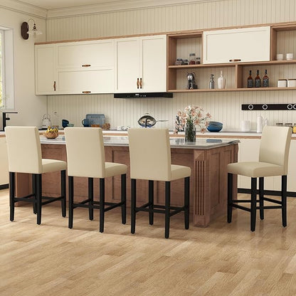 LSSPAID Bar Stools Set of 2, 24.8 Inch Upholstered Fabric Counter Height Stools, Modern Kitchen Island Wood Bar Chairs Barstools with Backrest and Solid Wood Legs, Beige
