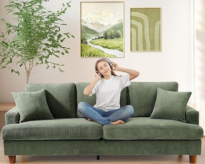 87in Corduroy Couch, Kidirect Sofa No Tool Assembly, Comfy Couches for Living Room 21in Deeper Seats, Corduroy Sofas for Living Room with 2 Pillows, Oversized Loveseat Sofa, Boho Love Seat Green Couch