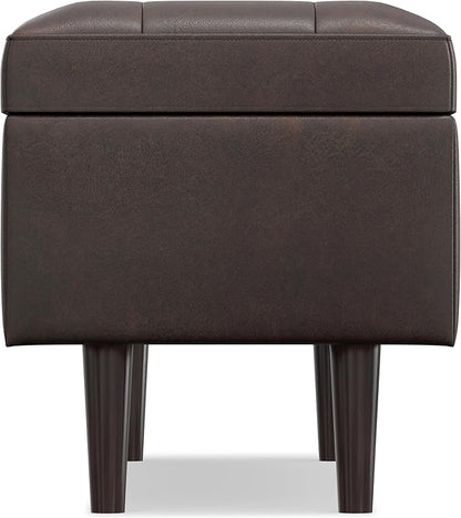 SIMPLIHOME Shay 48 inch Wide Mid Century Modern Rectangular Storage Ottoman in Distressed Chestnut Brown Vegan Faux Leather, Assembled, For the Living Room, Entryway and Family Room