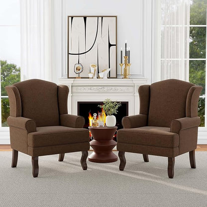 Accent Chair, High Back Upholstered Armchair with High Resilience Sponge & Wood Legs, Mid-Century Modern Comfy Single Sofa Reading Chairs for Living Room, Bedroom (Brown, Set of 2)