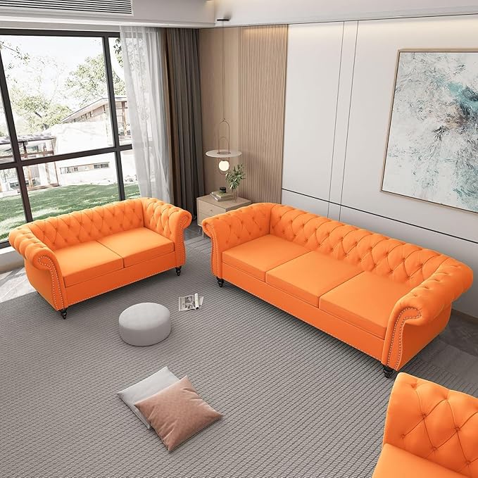 Living Room Chair, Modern Velvet Chesterfield Sofa Chair, Mid Century Single Sofa Couch Chair with Tufted Back and Rolled Arms, Accent Sofa Chair for Living Room Apartment, Orange