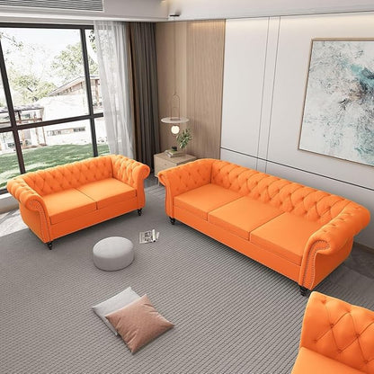 Living Room Chair, Modern Velvet Chesterfield Sofa Chair, Mid Century Single Sofa Couch Chair with Tufted Back and Rolled Arms, Accent Sofa Chair for Living Room Apartment, Orange