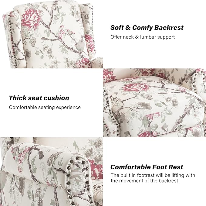 Wingback Recliner Chair Set of 2, Floral Fabric Pushback Recliner Chair, Upholstered Armchair Push Back Recliner, Rivet Trim Single Sofa Accent Chair with Wood Legs for Living Room, Floral Plants