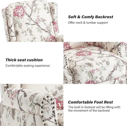 Wingback Recliner Chair Set of 2, Floral Fabric Pushback Recliner Chair, Upholstered Armchair Push Back Recliner, Rivet Trim Single Sofa Accent Chair with Wood Legs for Living Room, Floral Plants