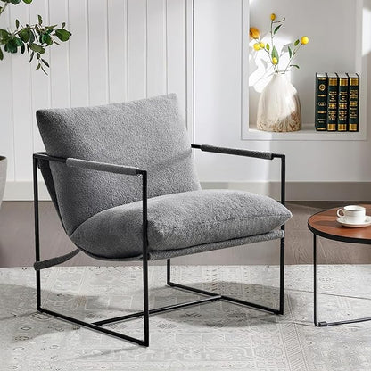 Furnilivng Large Sling Accent Chair Set of 2, Comfortable Boucle Fabric Arm Chair, Upholstered Cozy Reading Chair for Living Room, Bedroom, Dressing Room, Home Office, Grey