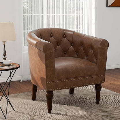 Pia Ricco Faux Leather Barrel Accent Chair, Comfy Club Armchair with Solid Wood Legs, Nailhead Trim Upholstered Single Sofa Chair for Living Room Bedroom/Reading Room, Tan