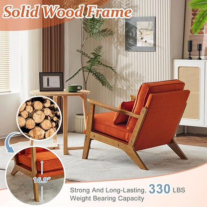 VINGLI Solid Wood Wide Armrests Accent Chair,Upholstered Mid Century Modern Chair with Pillow,Comfy Reading Chair Farmhouse Arm Chair,Chairs Living Room,Bedroom,Guest Room,Linen Fabric,Burnt Orange