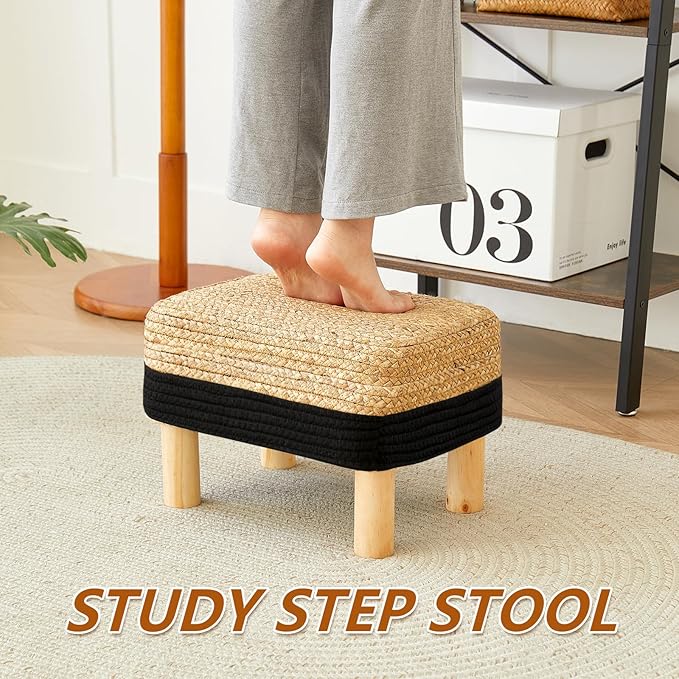 Ottoman Foot Stool Rectangular Footrest Natural Seagrass Footstool with Wooden Legs Hand Weave Multifunctional Modern Dressing Stool, Sofa Side Table for Bedroom for Living Room (Black)