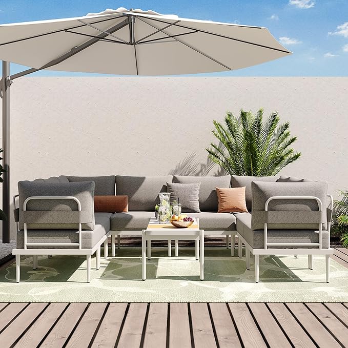Sundale Outdoor 9 Pieces Patio Furniture Set, U-Shaped Outdoor Sectional Sofa with 6" Olefin Cushion and Coffee Table, Modern Metal Outdoor Conversation Sets (8 Seats,White Frame)
