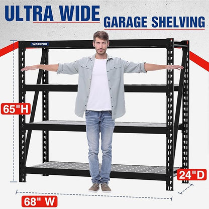 WORKPRO Garage Shelving, 68" W x 24" D x 65" H, 7200 LBS Load, Heavy Duty Metal Shelves for Storage, Industrial Storage Rack for Warehouse Kitchen Shop Basement, Black, Pack of 1
