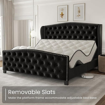 LARMACE Queen Size Bed Frame Velvet Upholstered Platform Bed with Wingback Headboard & Footbaord, Deep Button Tufted Bed Frame with Wood Slats Support, No Box Spring Needed, Black