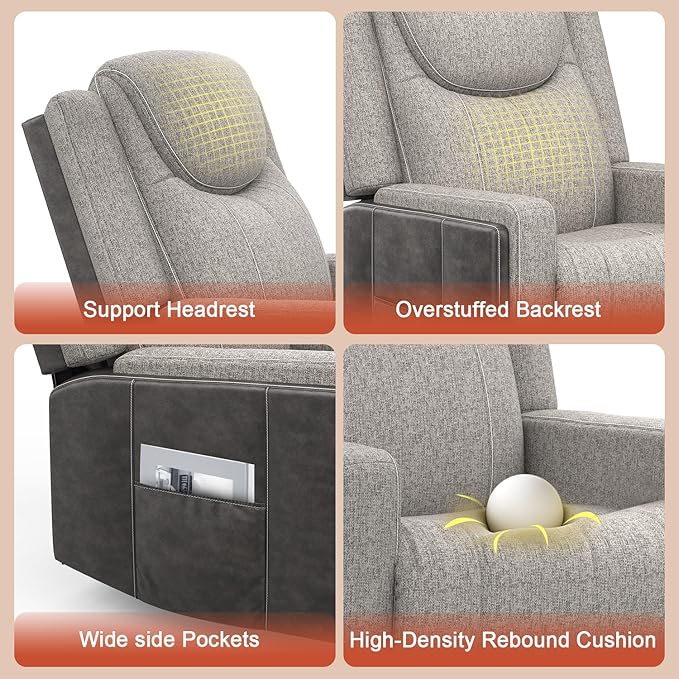 Oversize Manual Recliner Chair for Adults, Extra Wide Single Reclining Sofa Chair with Ergonomic, FSC Certified, Grey Linen-Blend & Chocolate Leather Scandinavian Chic for Living Room, RV